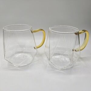Set Of Two Hexagon Diamond Shaped Rocks Whiskey Wine Glasses With Gold Color Rim